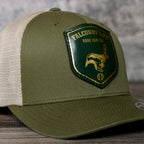 AO hare hunting cap with leather patch and gold-foil detail