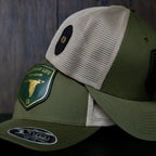 AO duck hunting cap with leather patch and gold-foil detail
