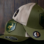 AO hare hunting cap with leather patch and gold-foil detail