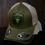AO duck hunting cap with leather patch and gold-foil detail