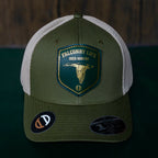 AO duck hunting cap with leather patch and gold-foil detail