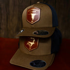 AO duck hunting cap with leather patch and gold-foil detail