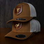 AO duck hunting cap with leather patch and gold-foil detail