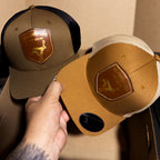 AO hare hunting cap with leather patch and gold-foil detail