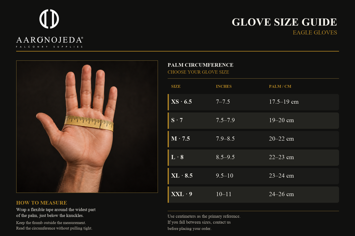 AO Falconry Supplies glove size guide: how to measure palm circumference and choose a glove size